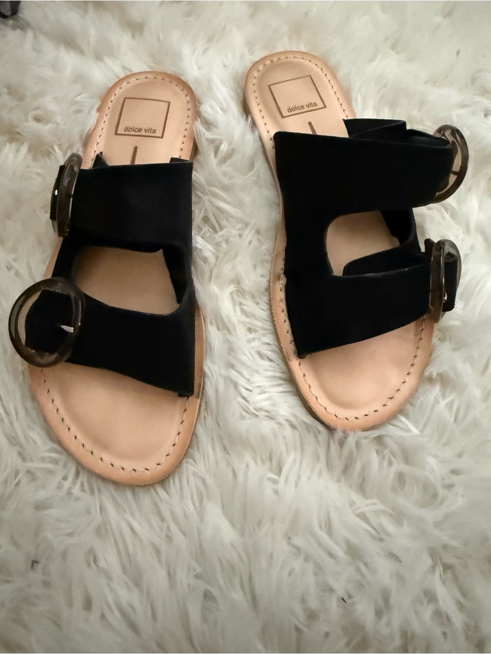 Dolce Vita Black Slide Sandals with Tortoiseshell Buckles